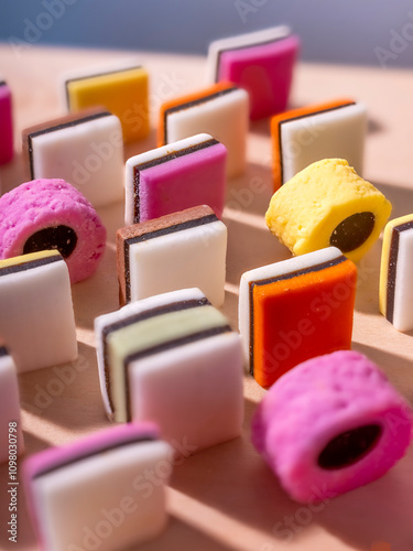 A playful, colorful photo of stacked licorice allsorts casting long shadows in soft morning light. The bright colors and elongated shadows create a lively and whimsical scene.