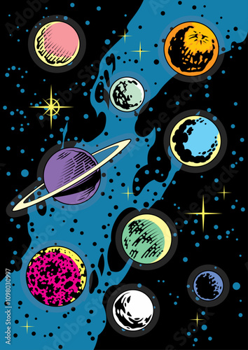 Planets and Stars Set. Vector Templates of Astronomical Bodies for Scientific, Fantastic Posters, Covers, Illustrations. 1970s - 1980s Comic Books Style Drawing