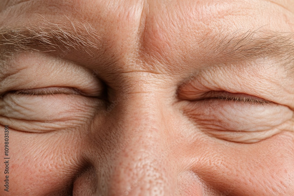 Fototapeta premium Close-up of smiling man with eyes closed, expressing joy and contentment in natural light
