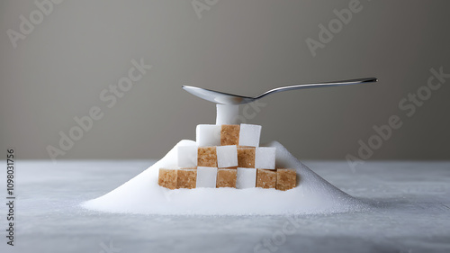 A creative arrangement of sugar cubes and granulated sugar, with a spoon resting on top. The sugar cubes are stacked in a pyramid shape on a mound of white sugar, creating an artistic display. photo