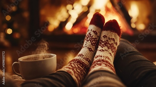 Wallpaper Mural A festive and warm evening spent by the fireplace with feet in cozy wool socks and a hot cup of coffee. The glowing fire and Christmas lights create a peaceful and comforting holiday atmosphere.. AI Torontodigital.ca