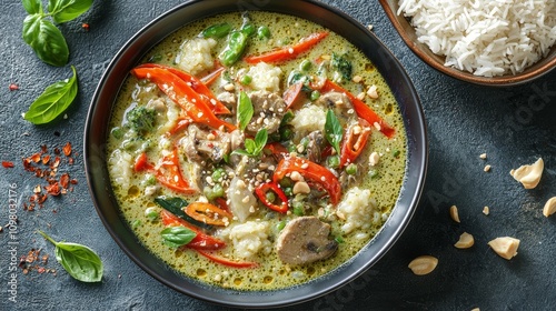 Delicious green curry cooking kitchen recipe guide culinary top view flavorful dining experience photo