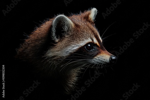 Mystic portrait of Cozumel Raccoon in studio, copy space on right side, Headshot, Close-up View, isolated on black background photo