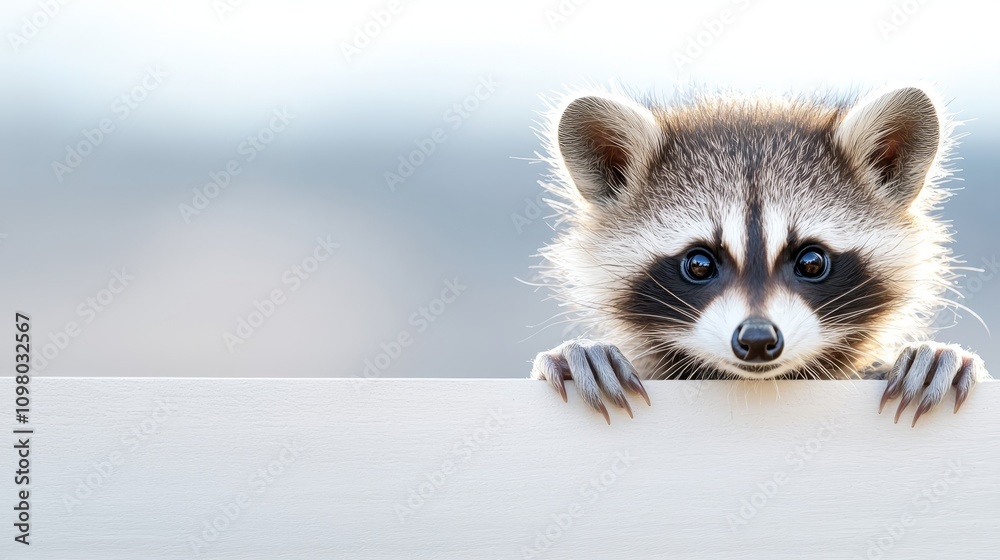 Obraz premium A raccoon peeking over the edge of a white fence