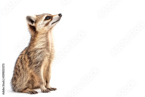 the beside view Cozumel Raccoon standing, left side view, low angle, white copy space on right, Isolated on White Background photo