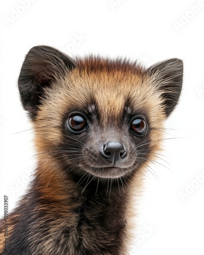 Mystic portrait of baby Small-toothed Palm Civet, copy space on right side, Headshot, Close-up View, isolated on white background photo