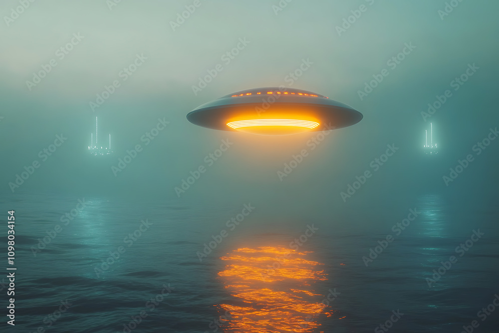 A glowing UFO descends into a bioluminescent underwater environment, with faint outlines of a hidden underwater facility in the distance, blending mystery and futuristic sci-fi.
