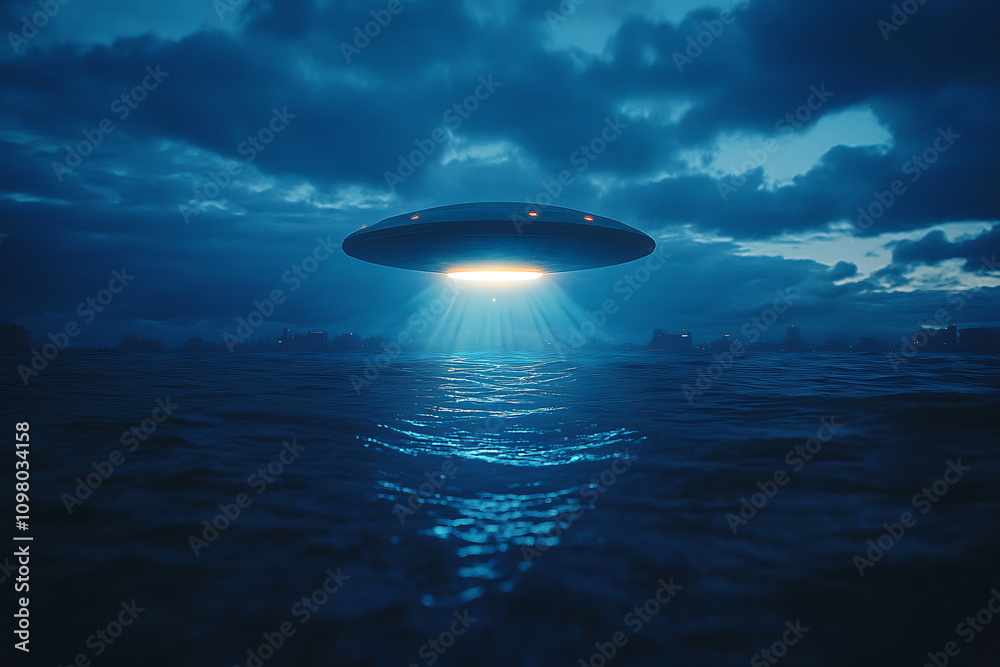 Obraz premium A glowing UFO descends into a bioluminescent underwater environment, with faint outlines of a hidden underwater facility in the distance, blending mystery and futuristic sci-fi. 