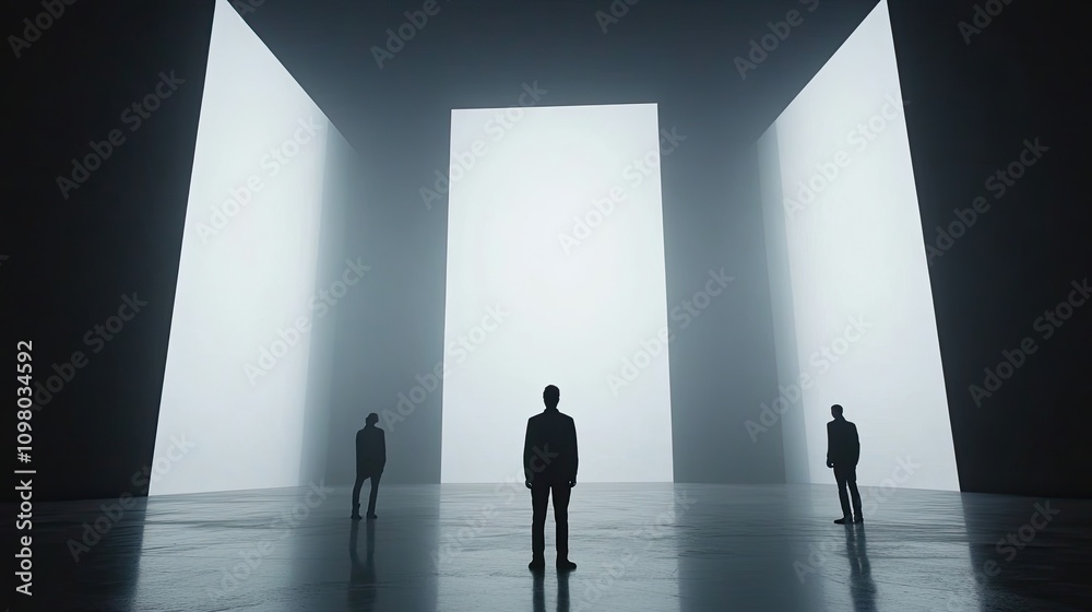 Obraz premium Silhouetted Figures Stand Before Bright White Walls