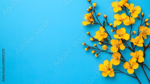 Vibrant Yellow Flower Arrangement against a Bright Blue Background for a Joyful Spring Feel. Chinese New Year 2025 Concept