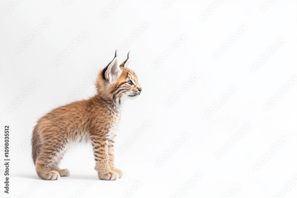 Obraz premium the beside view baby Lynx pardinus standing, left side view, low angle, white copy space on right, Isolated on White Background