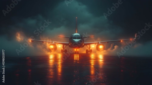 An airplane stands ready for departure on a dark runway with mist swirling around, illuminated by its bright landing lights in the night photo