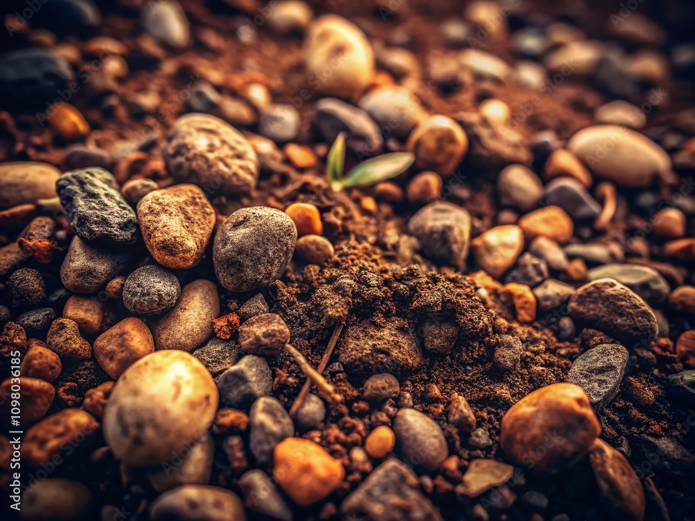 Fototapeta premium Vintage Style Photography of Close-Up Rich Dark Soil Blending with Small Rocks and Pebbles Capturing Nature's Raw Beauty and Textural Depth for Earthy Aesthetic Lovers