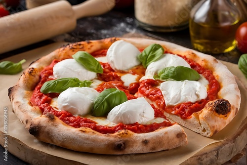 Authentic Italian Margherita Pizza with Fresh Mozzarella, Basil, and Tomato Sauce on Rustic Wooden Board - Perfect for Food Photography and Culinary Blogs