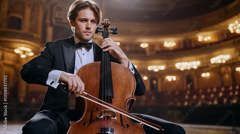Fototapeta premium Male cellist performing on stage in a tuxedo with a grand theater backdrop 