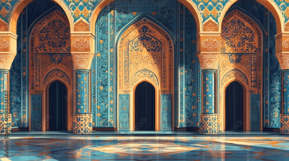 Obraz premium Ornate palace courtyard with arched entryways, intricate tilework, and sunlit floor.