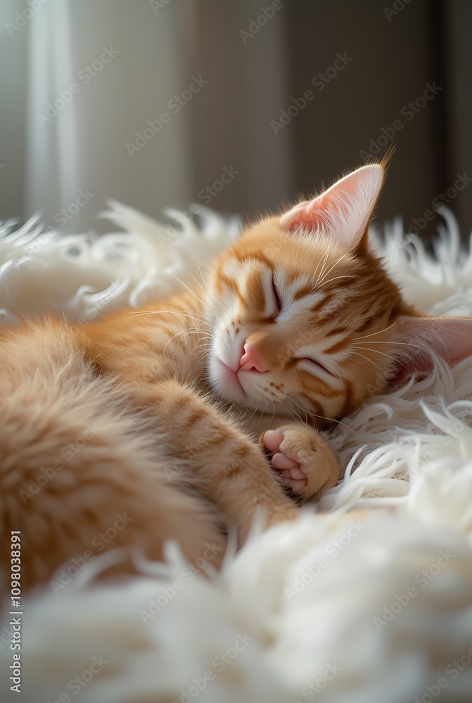 Obraz premium Orange kitten peacefully sleeping in fluffy bed