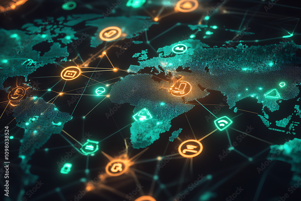 Obraz premium A glowing digital world map with red warning symbols indicating cyberattacks, representing global cybersecurity challenges and risks. 