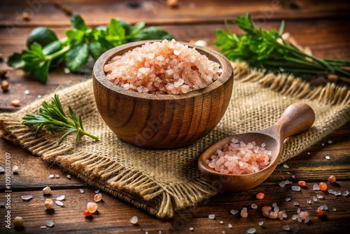 Vintage Style Photography of Saindhava Lavana Himalayan Pink Rock Salt in Rustic Setting with Textured Background and Natural Lighting for Culinary and Wellness Use photo