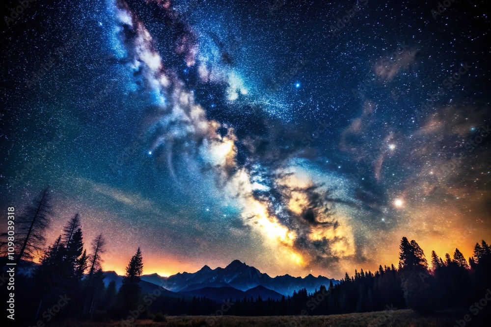 Naklejka premium Vintage Style Photography of the Milky Way: Capturing the Majestic Night Sky Filled with Stars in a Natural Composition of the Dark Sky at Night