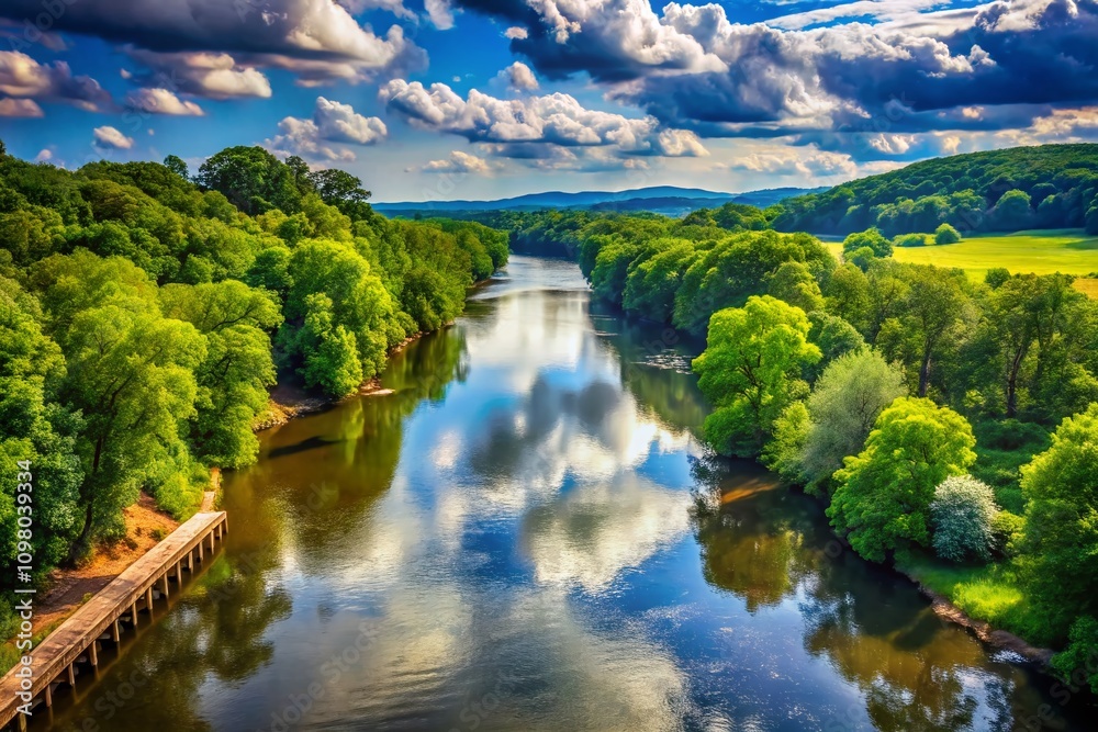 Fototapeta premium Vintage Style Photography of the Potomac River from a Bridge Near Shepherdstown, West Virginia with Scenic Views and Lush Natural Surroundings