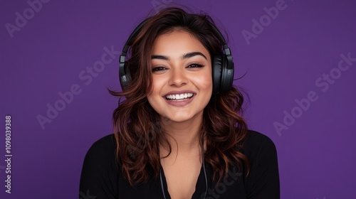 A photo of beautiful young Indian woman aged 30 with brown wavy hair listening to music on a pair of headphones while looking directly at the camera a, AI Generative photo