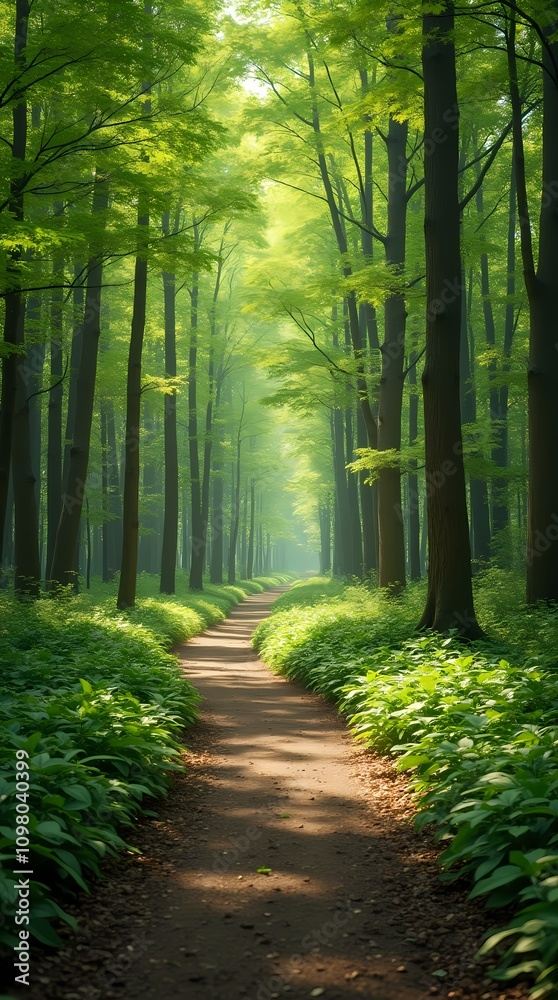 Fototapeta premium Path in green spring beech forest, beautiful natural tunnel