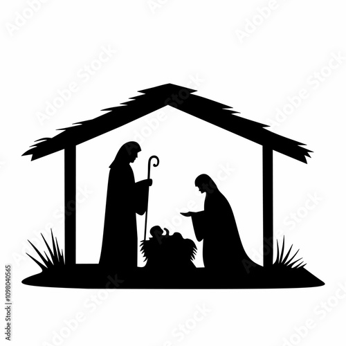 Silhouette Christmas Nativity Scene Vector Illustration