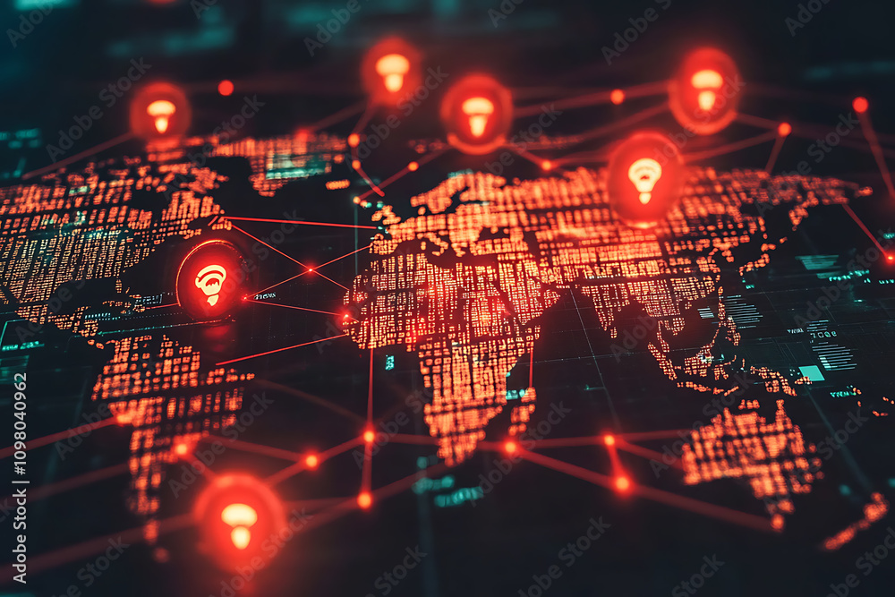 Obraz premium A glowing digital world map with red warning symbols indicating cyberattacks, representing global cybersecurity challenges and risks. 