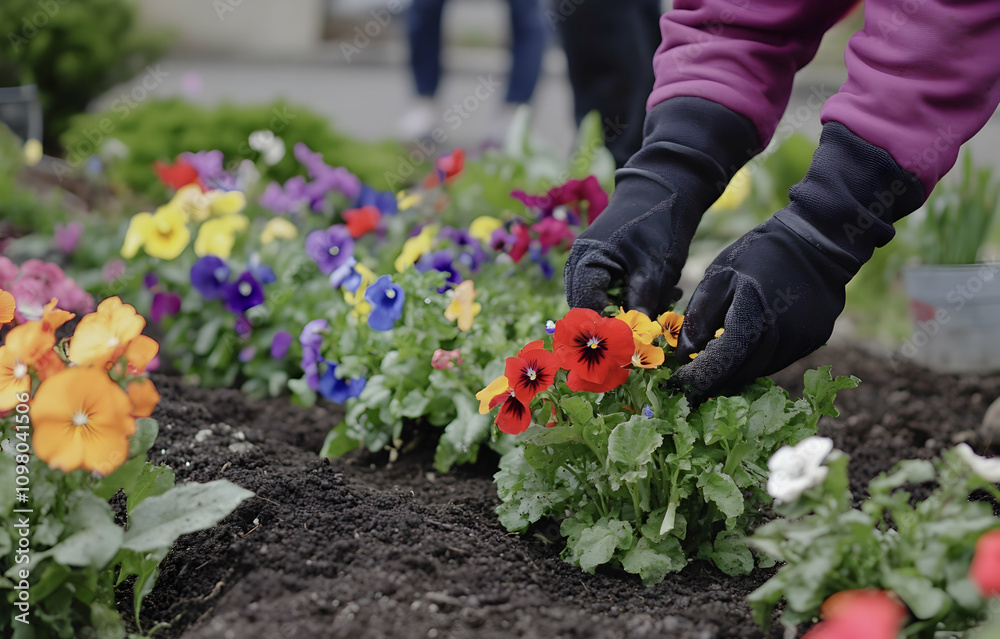 Fototapeta premium Hands adorned with gloves carefully plant vibrant pansies in rich, fertile soil during springtime