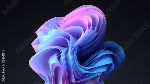 Abstract 3D rendering of a colorful, flowing ribbon-like shape with a gradient of blue, purple, and pink hues against a dark background.