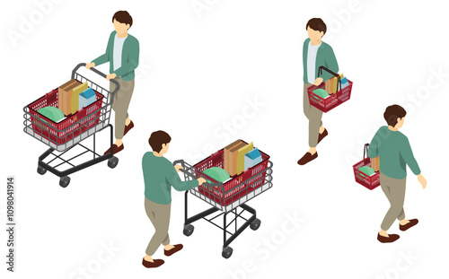 アイソメトリックイラスト：買い物をする男性