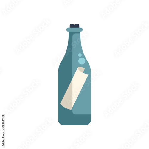 This minimalist vector illustration features a message in a bottle floating on water