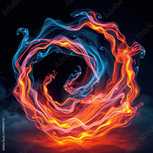 Dynamic fusion of smoke, water, and fire in striking abstract pattern, smoke, dynamic, water, striking, yan yang photo