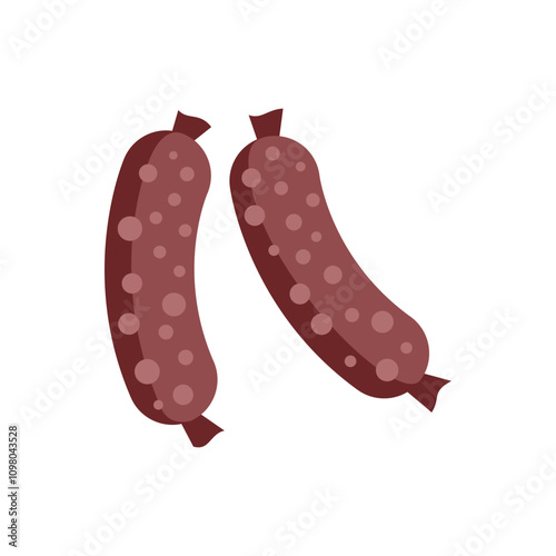 Two cooked sausages with visible spices inside are lying next to each other on a white background in a simple and minimalist style