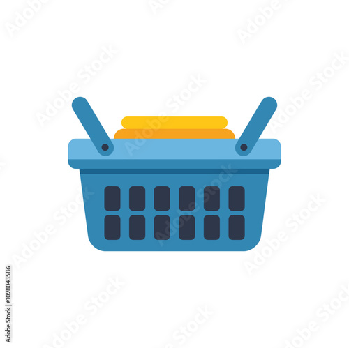 Simple icon of a blue shopping basket full of yellow goods, depicting the concept of online shopping and commerce