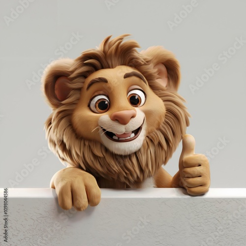 Adorable 3D Cartoon Lion Character Giving Thumbs Up, Perfect for Children's Educational Content and Fun Branding Designs photo