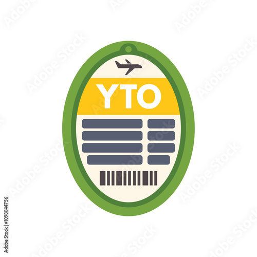 Oval green luggage tag with airplane symbol, yto airport code, blank lines and barcode