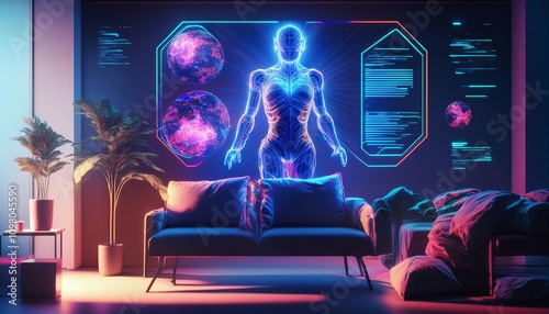 Futuristic Biomedical Laboratory with Holographic Human Cells photo