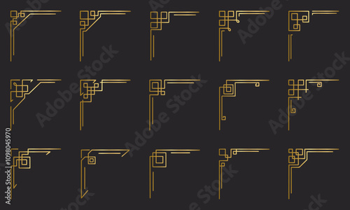 Golden geometric corners frames doodle set.  Vintage decorative angle border, Wedding design elements, decoration. Hand drawn vector illustration isolated on black background