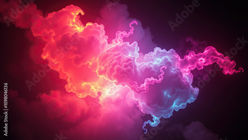 Illuminated neon gas clouds on black background, vapor waves, bright, dramatic photo