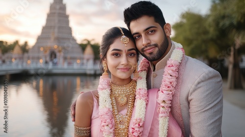 A stunning couple, adorned in traditional South Asian wedding attire, pose lovingly beside a majestic historical temple, celebrating their heritage, unity, and the enduring strength of their love