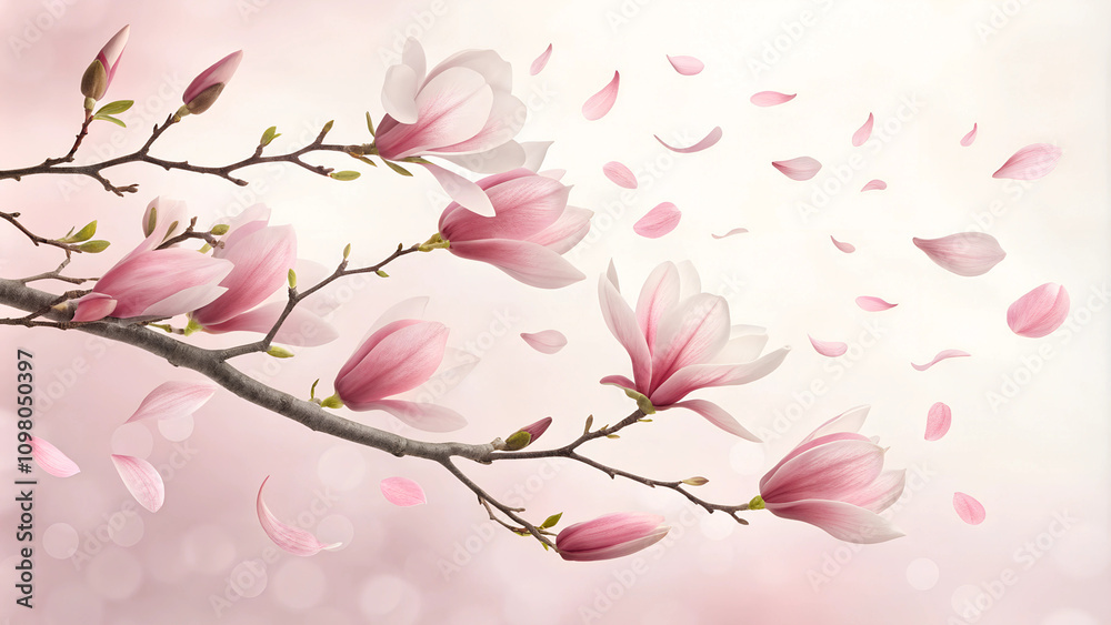 Fototapeta premium Beautiful magnolia blossoms on a branch with falling petals and soft pink background