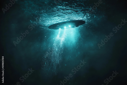 A glowing UFO dives into the ocean, creating splashes and illuminating the dark water, hinting at the presence of a secret underwater base.
 photo