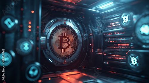 Digital Vault: A Futuristic Chamber Where Bitcoin Reigns Supreme Among Glowing Cryptocurrency Icons, Creating a High-Tech Treasury Within a Cyber-Enhanced Financial Fortress