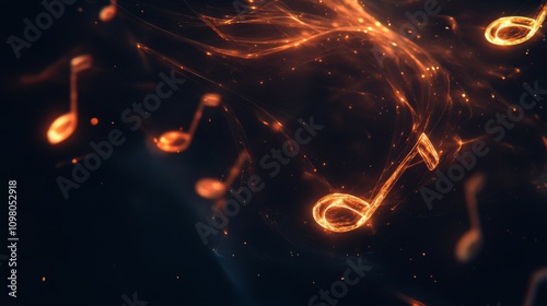 A close-up view of glowing musical notes floating in abstract fluid light. The intense orange glow contrasts against a dark background, highlighting the dynamic and energetic representation of music photo