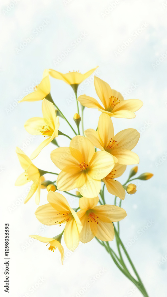 Fototapeta premium Simple yellow flowers on a watercolor backdrop, stem, vibrant, design, leaf, texture