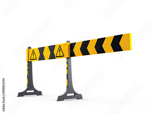 Side profile of yellow and black barricade with caution symbols and grid pattern, yellow, caution symbols