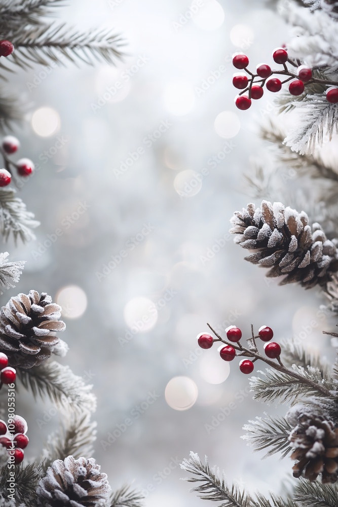 Christmas Background with Frosted Pinecones, Snowy Fir Branches, and Berries for Banners and Greetings Christmas Background with Frosted Pinecones, Snowy Fir Branches, and Berries for Banners and Greetings
