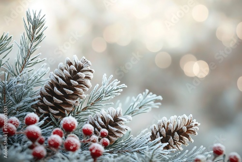 Christmas Background with Frosted Pinecones, Snowy Fir Branches, and Berries for Banners and Greetings